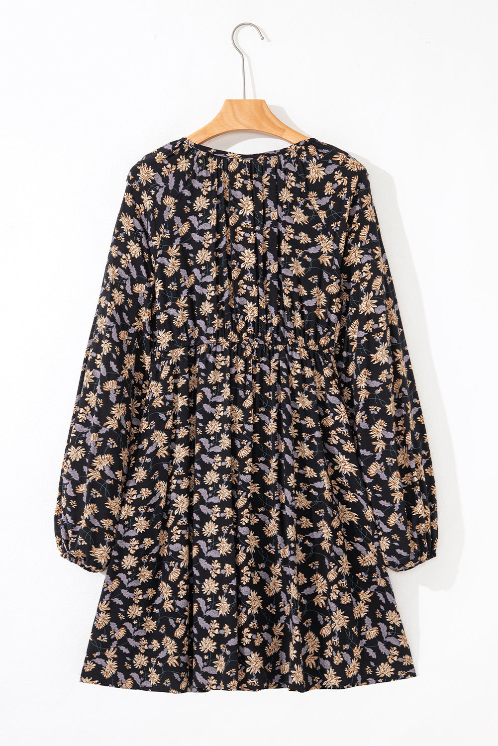 Black Floral Deep V Neck Smocked Bust Bubble Sleeve Babydoll Dress