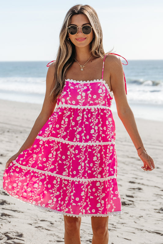 Pink Floral Print Ric Rac Patched Sleeveless Mini Dress