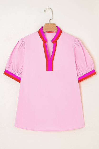 Pink Contrast Striped V Neck Collision Short Puff Sleeve Blouse