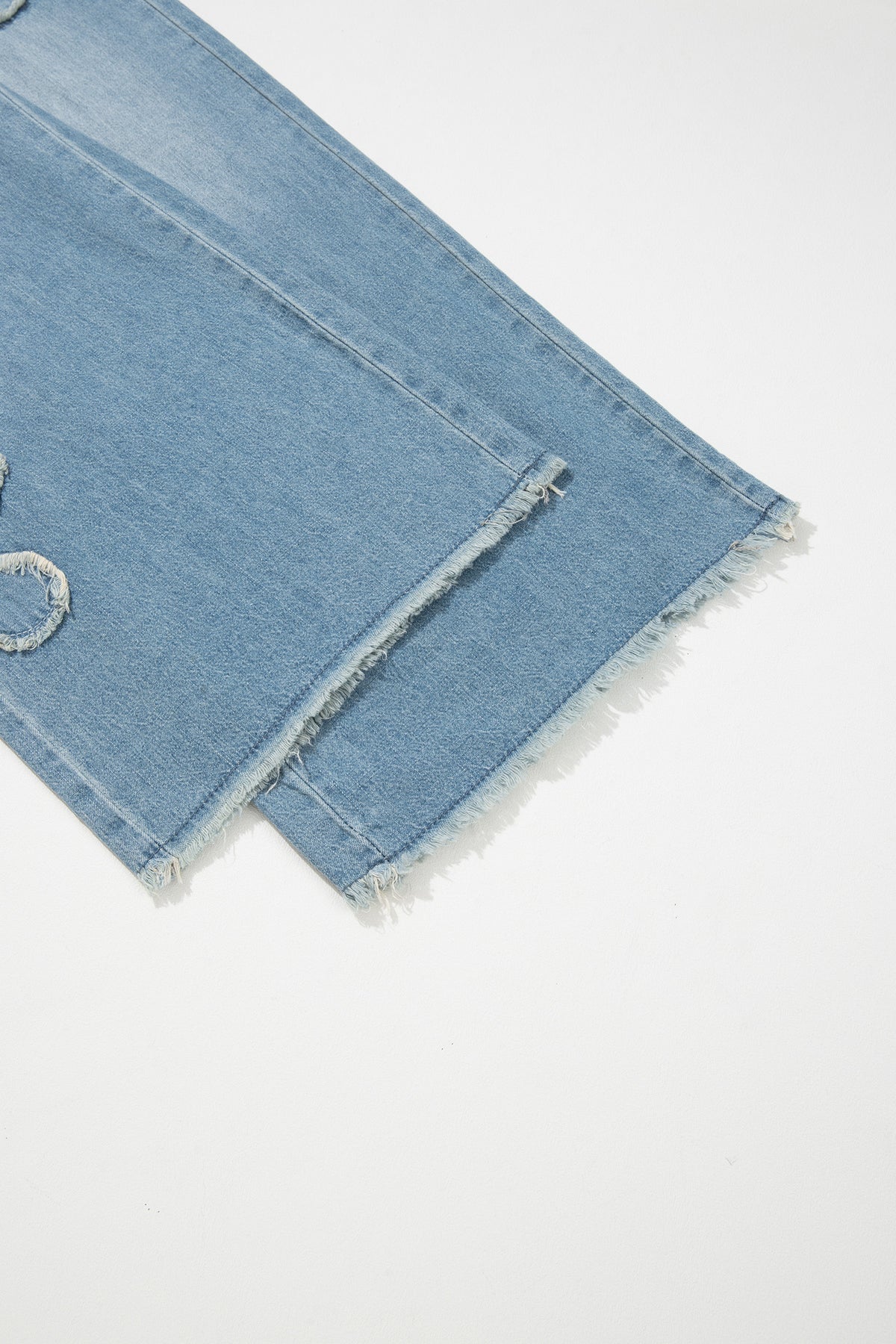 Beau Blue Frayed Floral Patch Wide Leg Raw Hem Wide Leg Jeans
