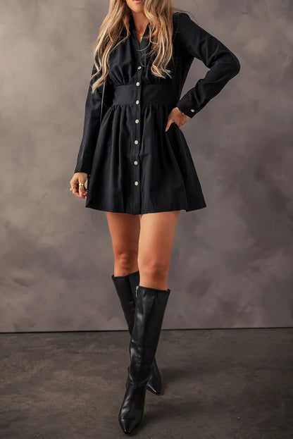 Black Elastic Cinched High Waist Long Sleeve Shirt Mini Dress - Chic Meadow Boutique 