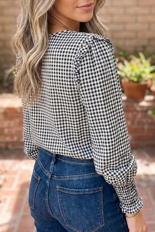 Black Plaid Shirred Cuff Long Sleeve Round Neck Blouse