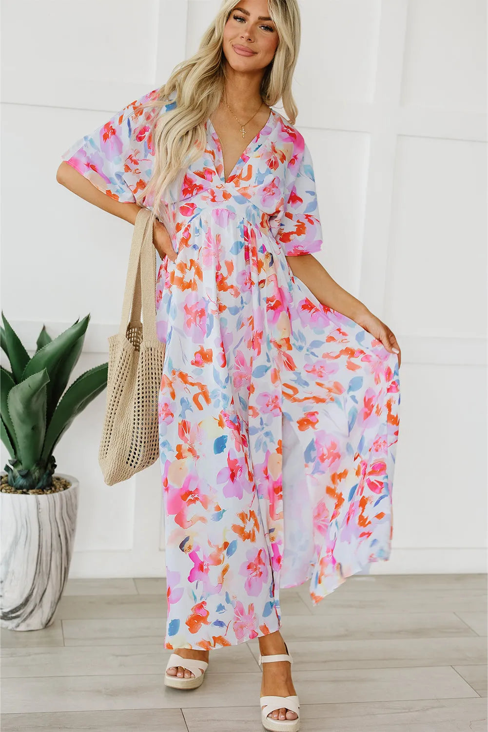 Multicolor Tropical Floral Print Ruched V Neck Maxi Dress - Chic Meadow Boutique 