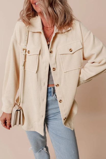 Oatmeal Corduroy Flap Pocket Button Up Shacket - Chic Meadow Boutique 