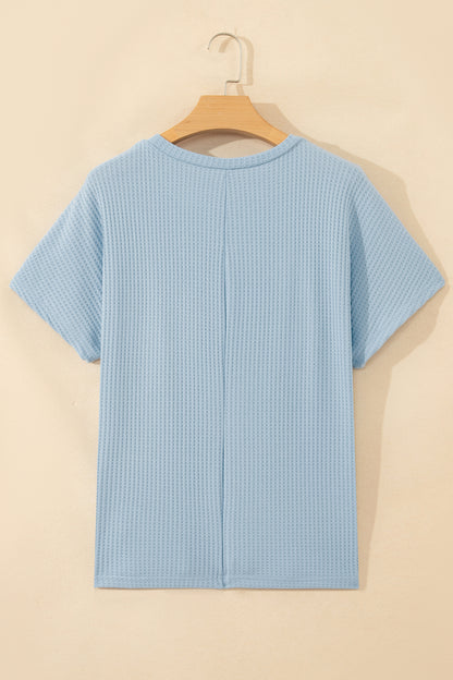 Beau Blue Waffle Textured Knit Dolman Short Sleeve Loose Top