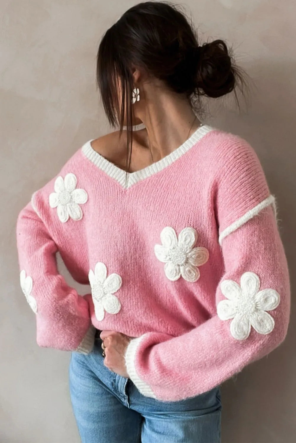 Pink Flower V Neck Dropped Shoulder Sweater - Chic Meadow Boutique 