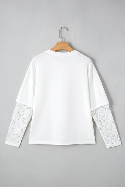 White Lace Long Sleeve Insert Drop Shoulder Tee