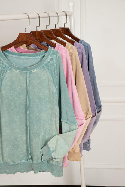 Tops/Sweatshirts & Hoodies Orchid Petal Solid Waffle Knit Patchwork Raglan Sleeve Sweatshirt