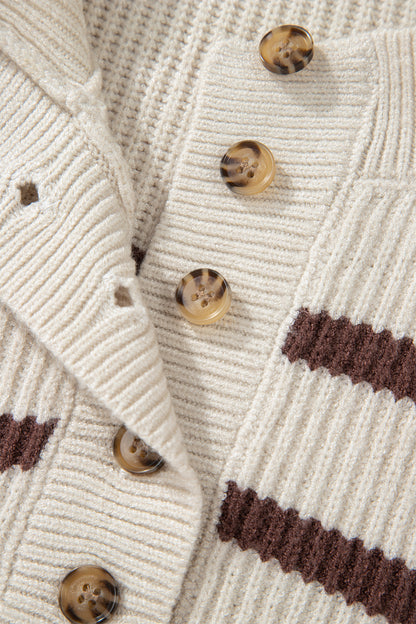 Brown Stripe Ribbed Henley Drop Shoulder Slouchy Sweater