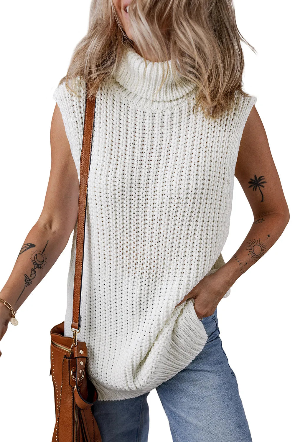 White Turtleneck Knitted Slit Hem Sweater Vest - Chic Meadow Boutique 