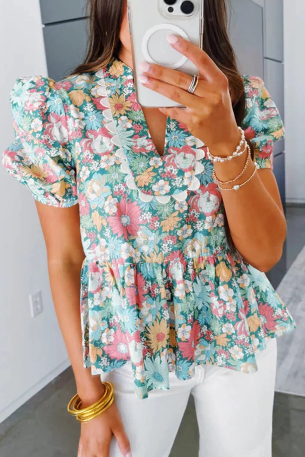 Multicolour Notched Neck Puff Short Sleeve Floral Blouse - Chic Meadow Boutique 