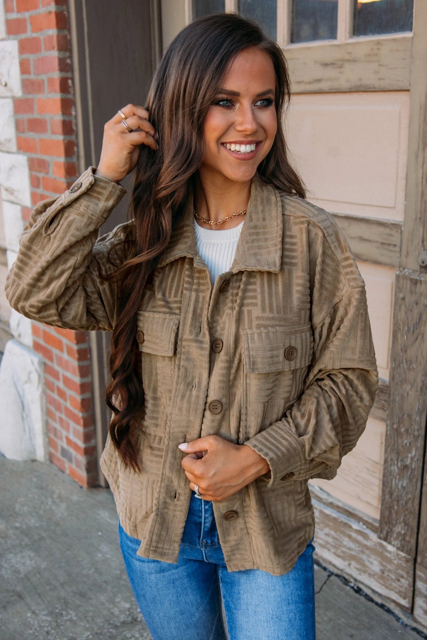 Dark Khaki Textured Chest Pocket Button-up Shacket - Chic Meadow Boutique 