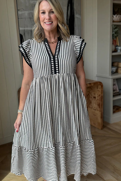 Black Stripe Double Ruffled Short Sleeve Contrast Trim V Neck Midi Dress