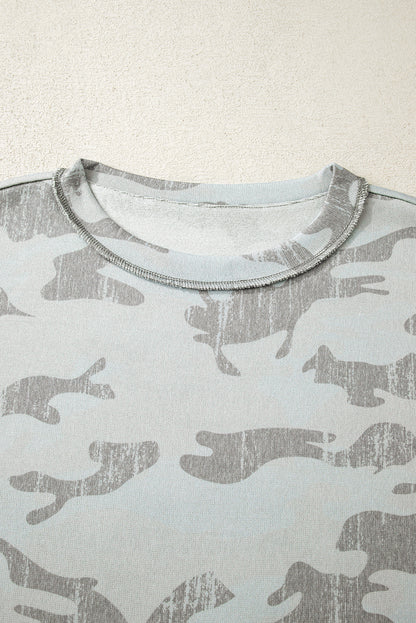 Multicolour Retro Camouflage Print Exposed Seam Patchwork Drop Shoulder Sweatshirt