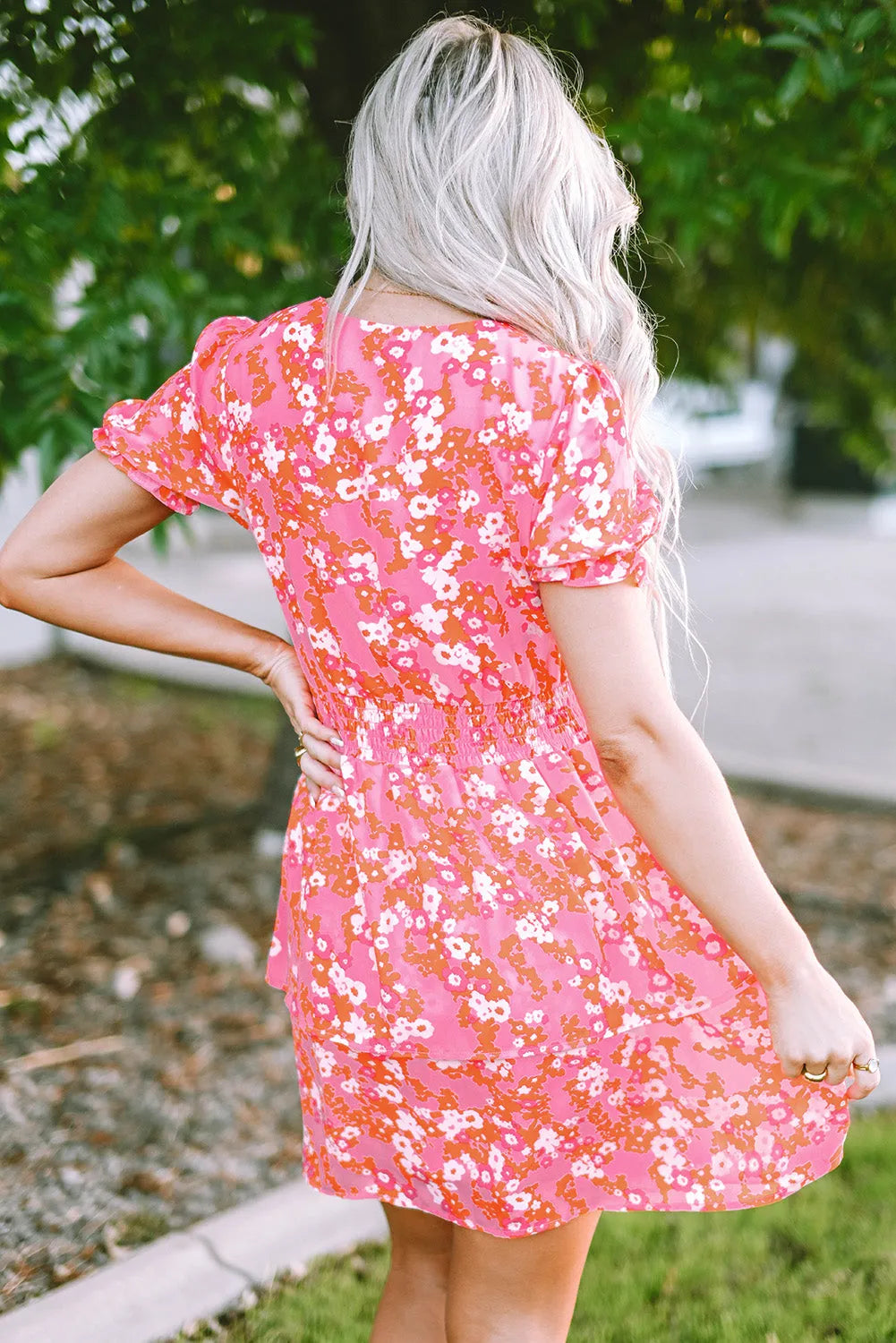 Pink Floral V Neck Short Ruffle Tiered Dress - Chic Meadow Boutique 