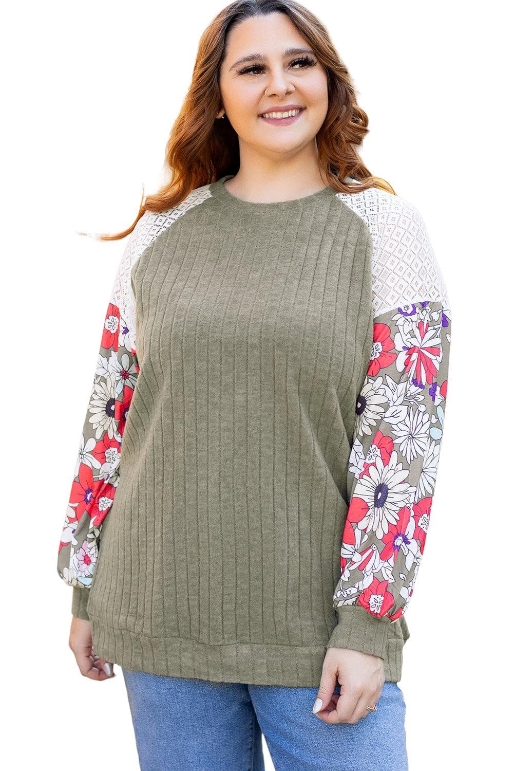 Plus Size/Plus Size Tops/Plus Size Blouses & Shirts Vineyard Green Plus Size Textured Floral Patchwork Raglan Sleeve Blouse