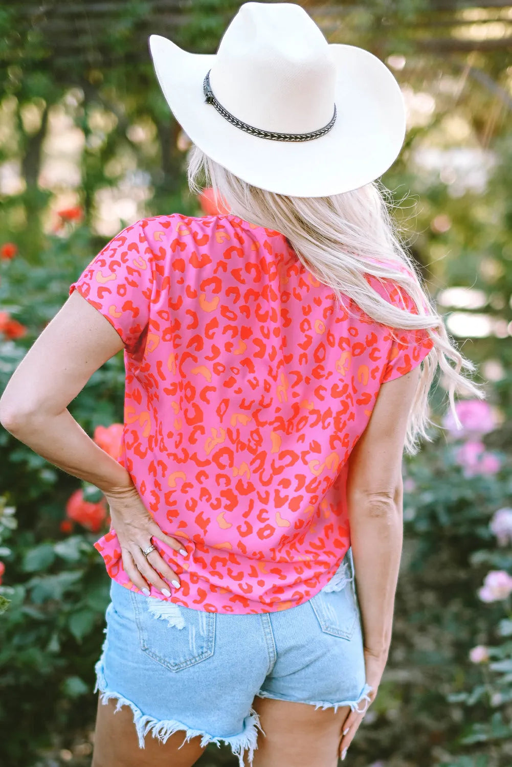 Pink Leopard V Neck Short Sleeve Blouse - Chic Meadow Boutique 