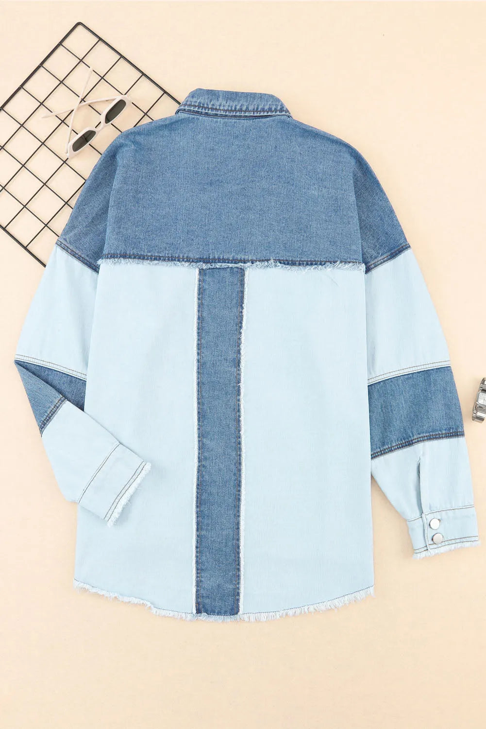 Blue Color Block Frayed Patchwork Oversize Denim Jacket - Chic Meadow Boutique 