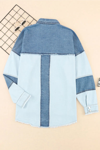 Blue Color Block Frayed Patchwork Oversize Denim Jacket - Chic Meadow Boutique 