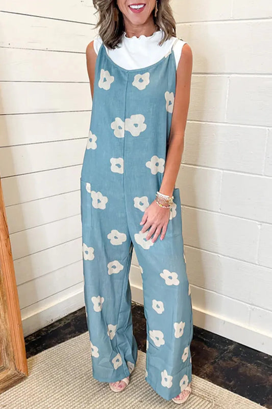 Blue Flower Wide Leg Loose Jumpsuit - Chic Meadow Boutique 