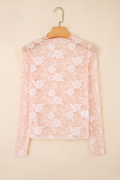 Apricot Pink Sheer Floral Lace Mesh Mock Neck Long Sleeve Top