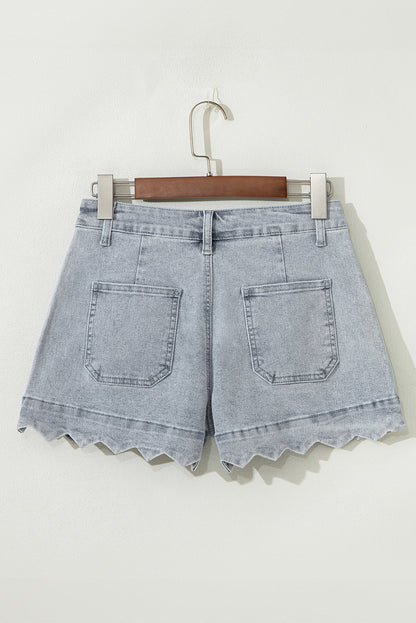 Dusk Blue Scalloped Hemline Acid Wash High Waist Denim Shorts