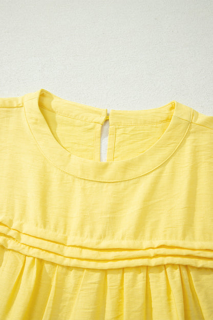 Yellow Cream Tie Half Sleeve Pleated Detail Babydoll Blouse