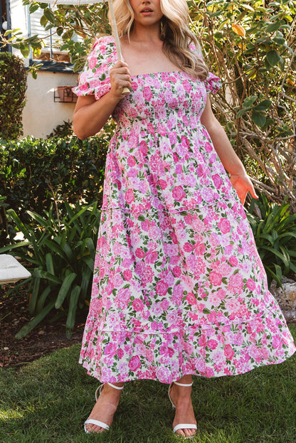 Pink Dainty Floral Smocked Puff Sleeve Flowy Long Dress
