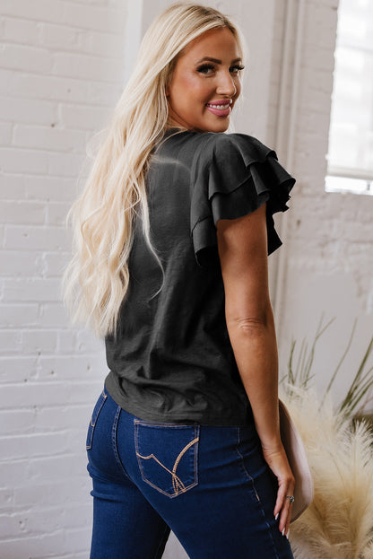 Black Layered Ruffle Short Sleeve Round Neck Top