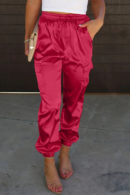 Rose Satin Pocketed Drawstring Elastic Waist Pants - Chic Meadow Boutique 