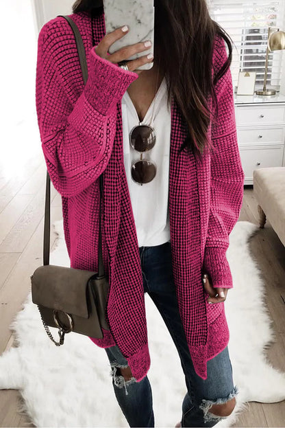 Rose Plaid Knitted Long Open Front Cardigan - Chic Meadow Boutique 