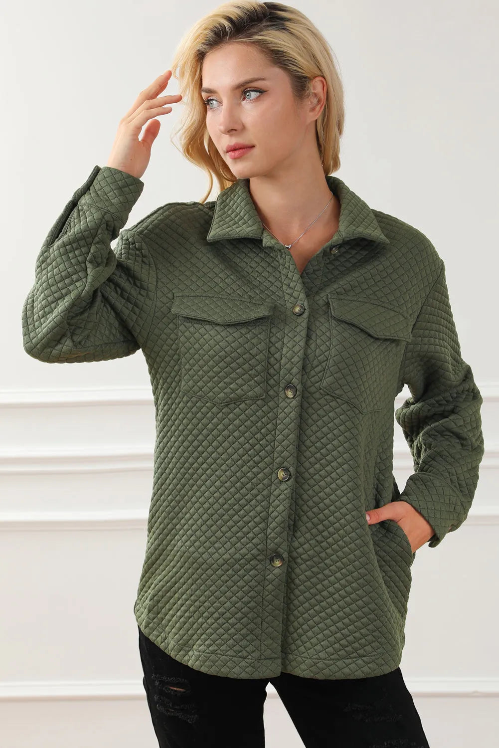 Green Retro Quilted Flap Pocket Button Shacket - Chic Meadow Boutique 