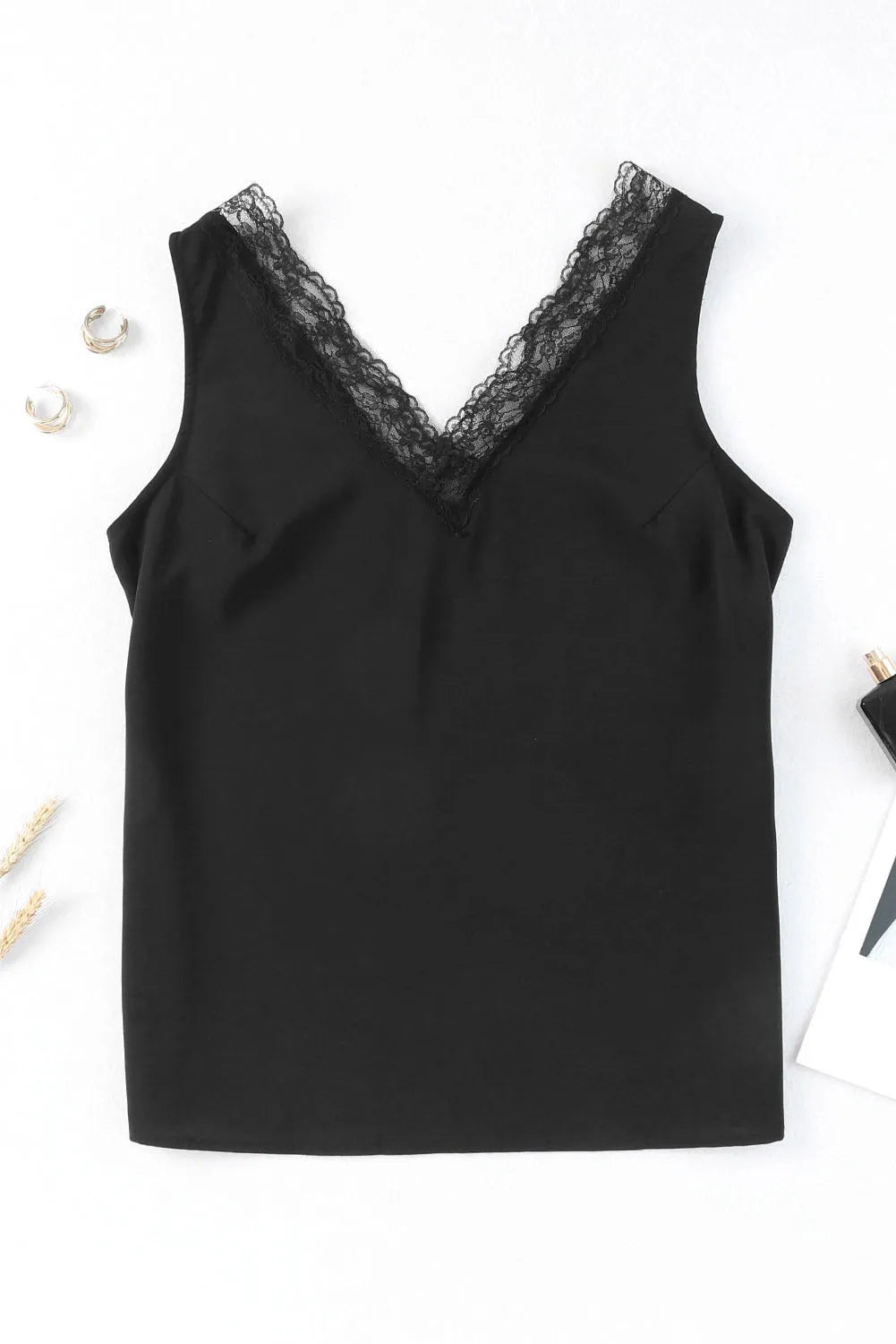 Black Lace Splicing Open Back V Neck Tank Top - Chic Meadow Boutique 