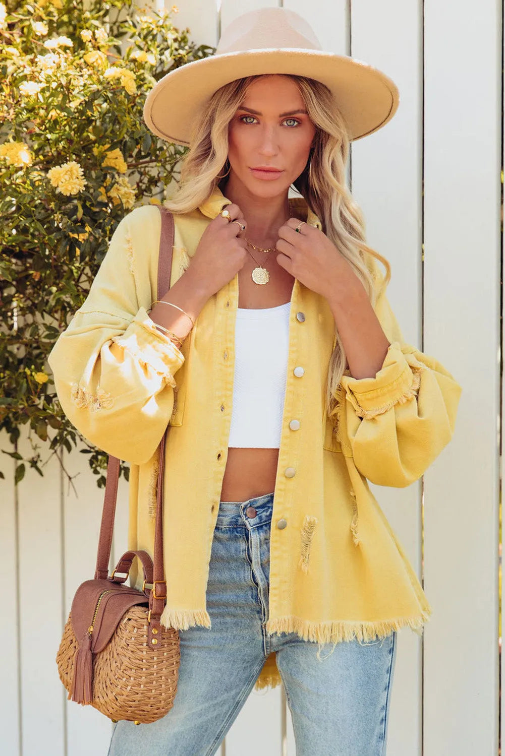 Yellow Distressed Fringe Trim Denim Jacket - Chic Meadow Boutique 