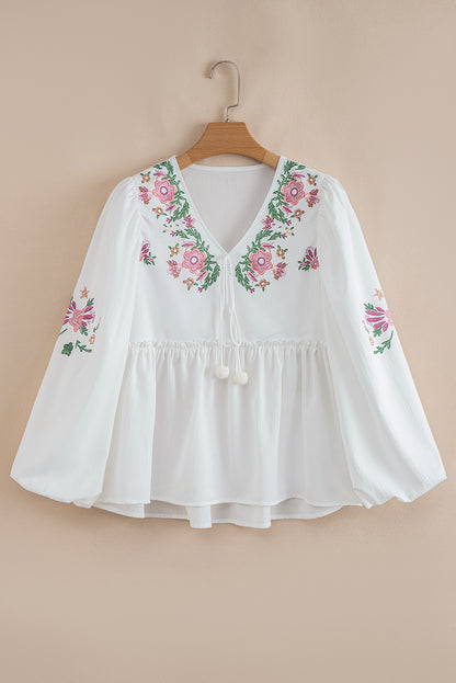 White Flower Lace-up V Neck Babydoll Blouse