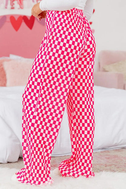 Loungewear & Sleepwear/Sleepwear Pink Checkered Buttoned Shirt and High Waist Pants Pajama Set