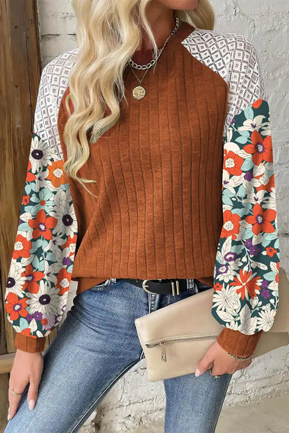 Cinnamon Floral Patchwork Long Sleeve Ribbed Blouse - Chic Meadow Boutique 