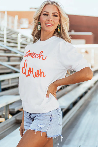 White Touchdown Tinsel Puff Short Sleeve Crew Neck Sweater - Chic Meadow Boutique 