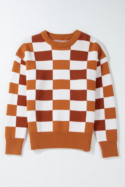 Orange Checkered Ribbed Edge O Neck Drop Shoulder Sweater - Chic Meadow Boutique 