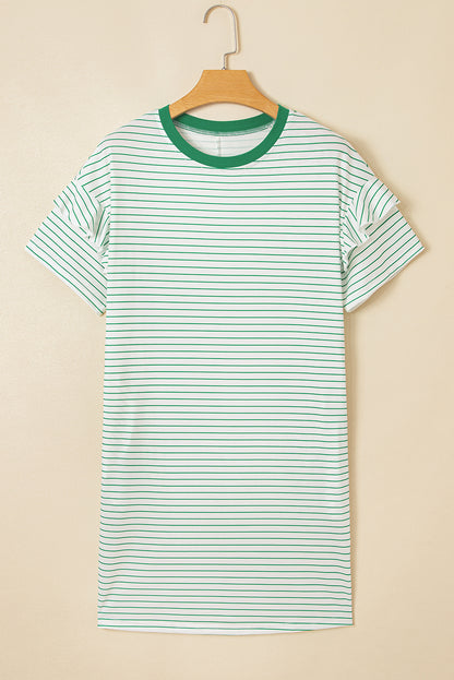 Green Stripe Ruffled Short Sleeve Crew Neck T Shirt Shift Mini Dress