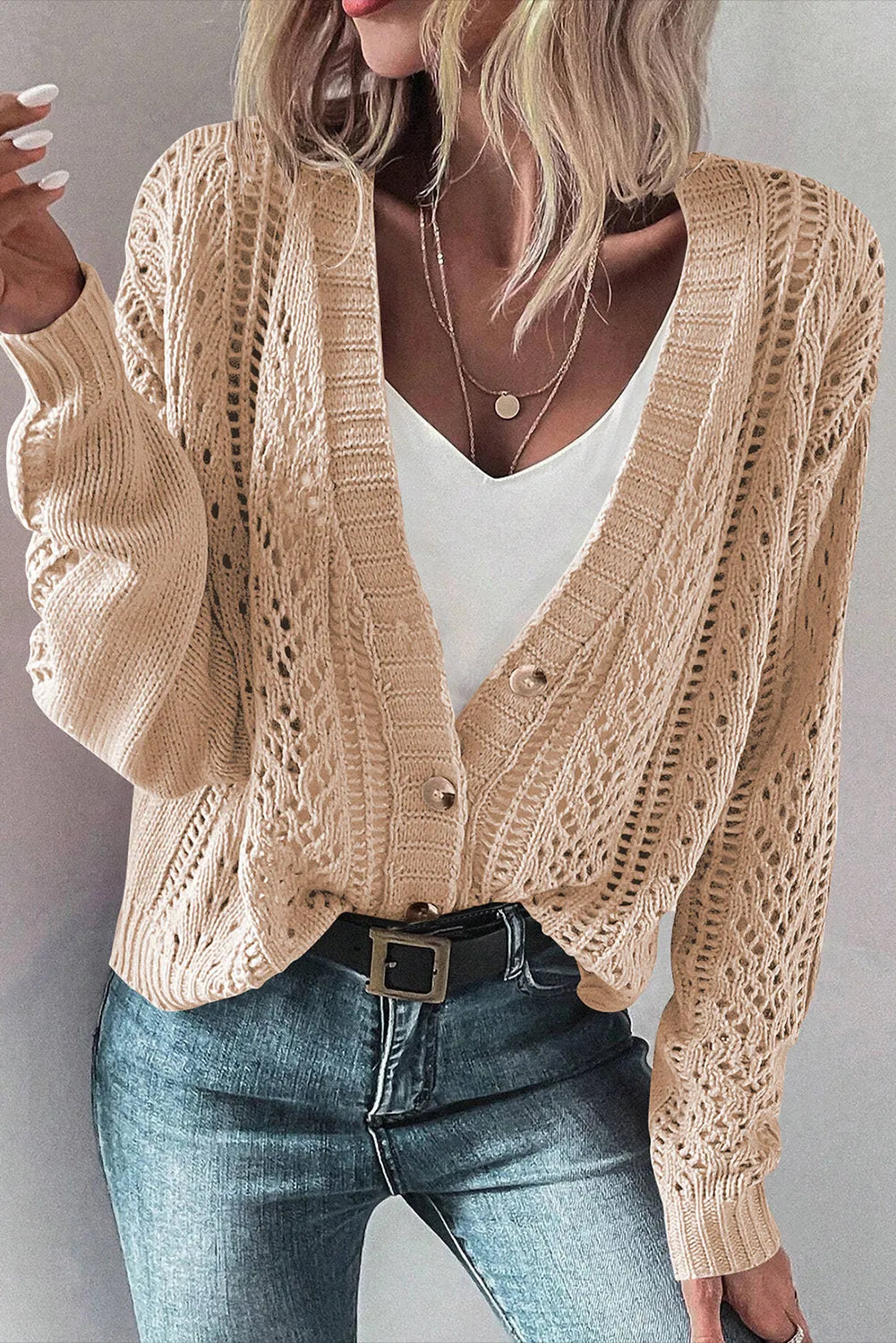 Beige Open Knit Drop Shoulder Sweater Cardigan - Chic Meadow Boutique 