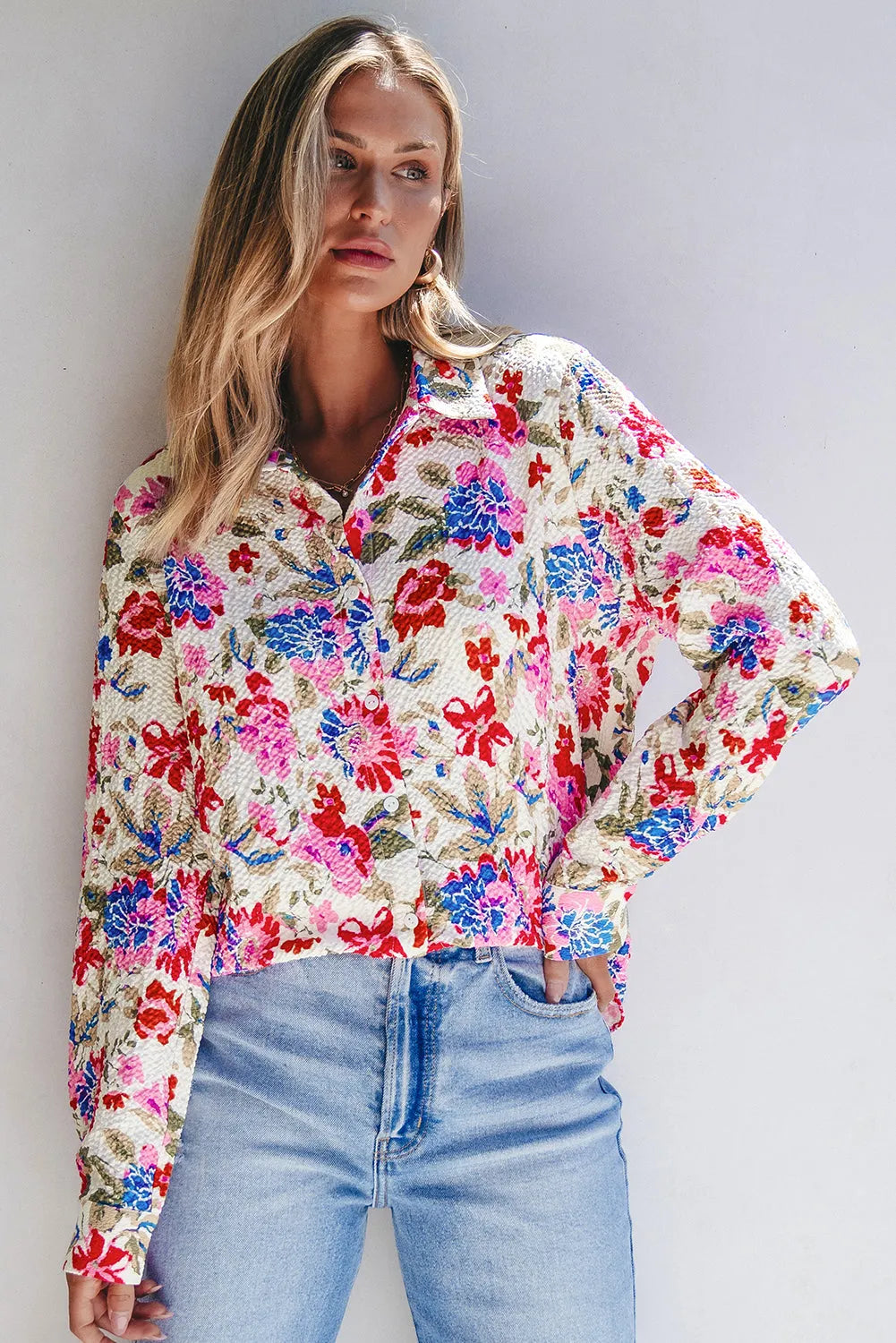 Red Floral Print Slim Fit Buttoned Turn Down Collar Shirt - Chic Meadow Boutique 