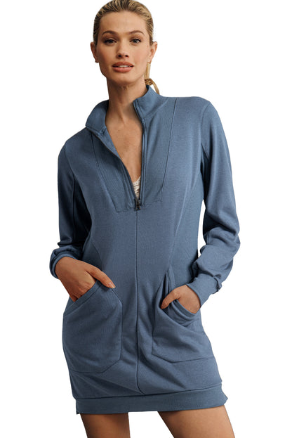 Ivy Zip up Collared Ribbed Patchwork Sweatshirt Dress with Pockets