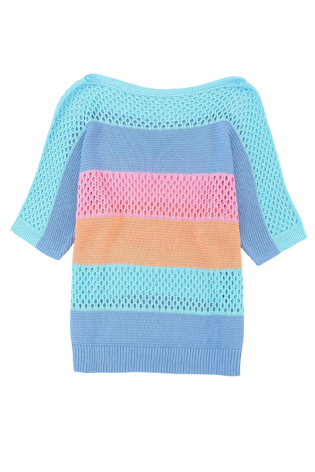 Sky Blue Knitted Eyelet Colorblock Striped Half Sleeves Top - Chic Meadow Boutique 