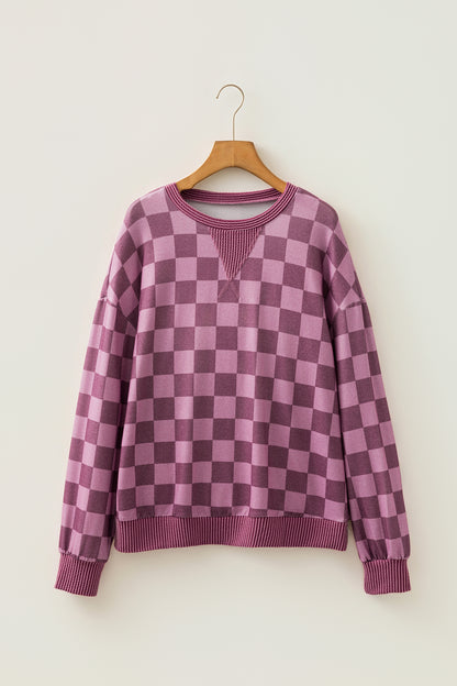 Red Ribbed Trim Checkered Print Long Sleeve Pullover Top