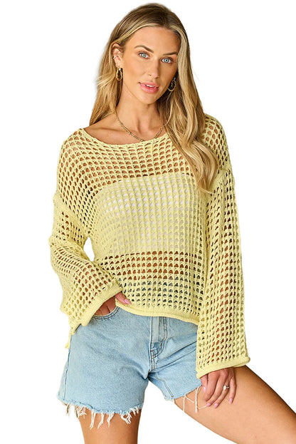 Yellow Open Knit Crochet Bell Sleeve Tunic Sweater - Chic Meadow Boutique 