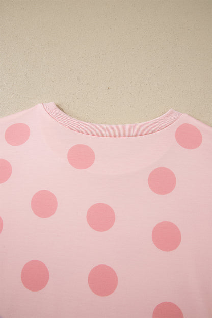 Pink Polka Dot Print Loose Tee Drawstring Elastic Waist Short Set