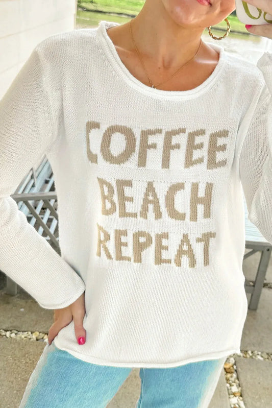 White COFFEE BEACH REPEAT Graphic Sweater - Chic Meadow Boutique 