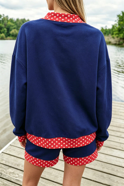 Navy Blue Polka Dot Trim Baggy Pullover 2pcs Short Set