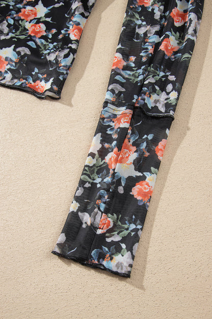 Black Floral Print Mesh Long Sleeve Stand Neck Pullover Top